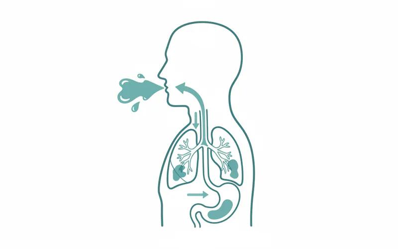 Diagram illustrating potential pathways for lipoid pneumonia from improper oil pulling, showing oil mistakenly entering the trachea instead of the esophagus and reaching the lungs