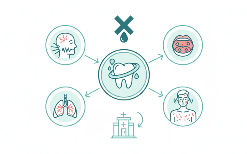 Infographic showing "When to Stop Oil Pulling and See a Dentist," listing symptoms like severe jaw pain, persistent oral sores, difficulty breathing, and allergic reactions with distinct visual cues