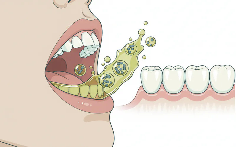 An illustration showing a person swishing olive oil in their mouth, with a stylized representation of bacteria being trapped by the oil droplets, and healthy teeth and gums in the background.