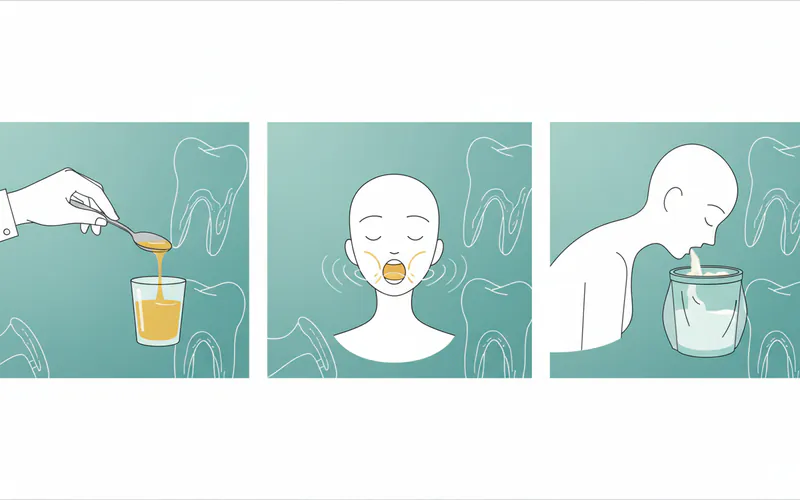 A series of three panels showing the step-by-step process of oil pulling. Panel 1: A hand pouring a tablespoon of olive oil into a small glass. Panel 2: A person gently swishing the oil in their mouth, looking relaxed. Panel 3: The person spitting the milky-white oil into a trash can lined with a plastic bag.
