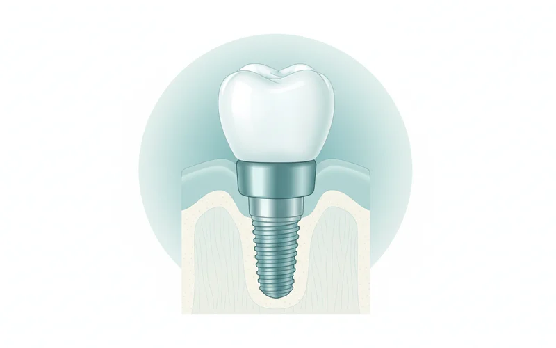 Detailed diagram of a single dental implant showing the root, post, abutment, and crown in the jawbone