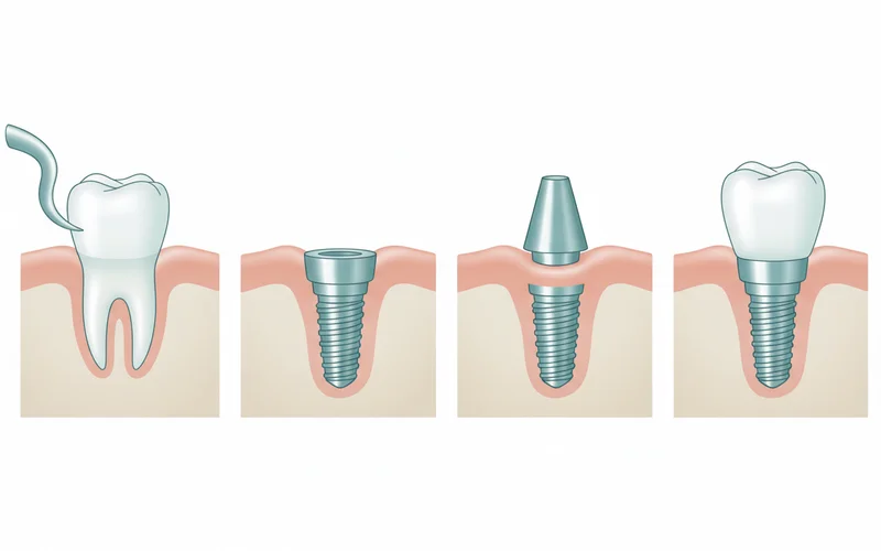 Sequential diagram showing the stages of dental implant placement: extraction, implant insertion, abutment, and final crown
