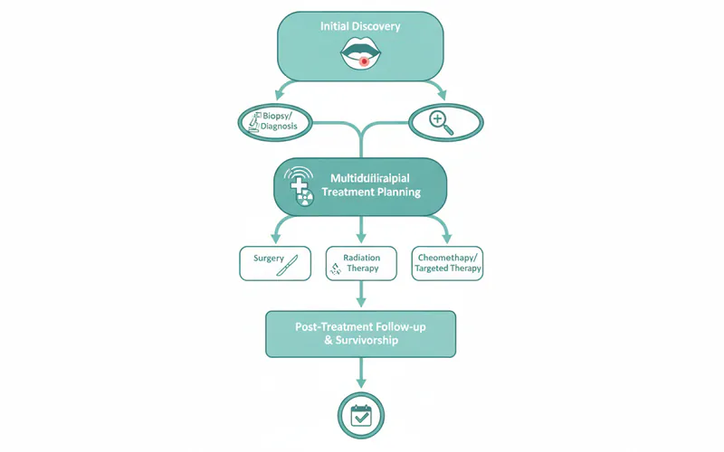 A flowchart illustrating the typical diagnostic and treatment pathway for oral cancer, from initial discovery to post-treatment follow-up.