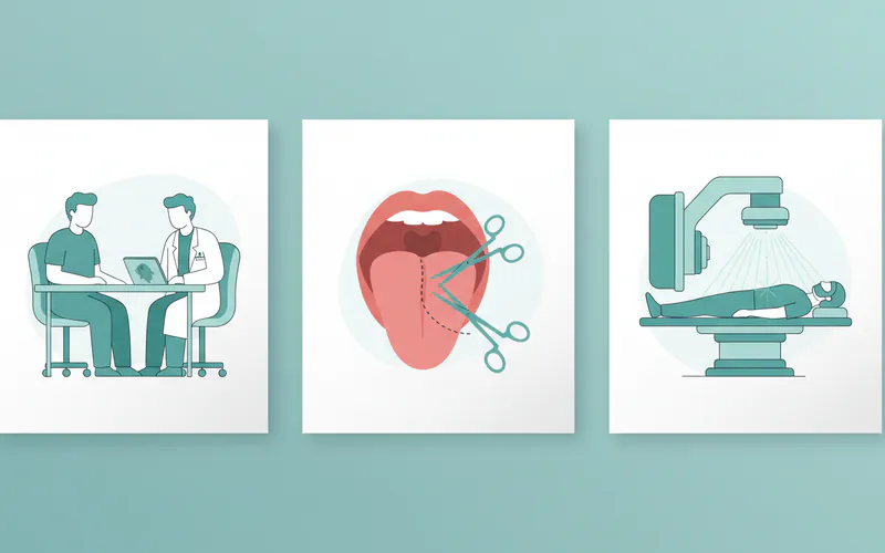 A series of illustrations depicting the typical stages of oral cancer treatment: 1. A patient consulting with a doctor, 2. A simplified diagram of a partial glossectomy, 3. A patient undergoing radiation therapy simulation.