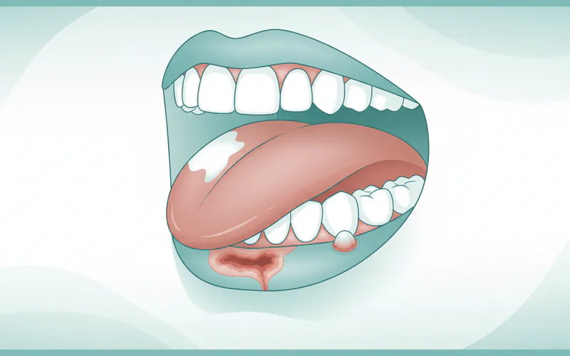 A diagram showing various oral cancer symptoms, such as a white patch (leukoplakia) on the tongue, a red patch (erythroplakia) on the floor of the mouth, a non-healing sore on the lip, and a small lump on the gum line.