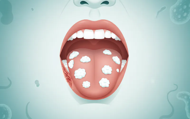 A detailed medical illustration showing various forms of oral candidiasis: classic white pseudomembranous patches on the tongue and inner cheek, red erythematous patches, and angular cheilitis at the corner of the mouth.