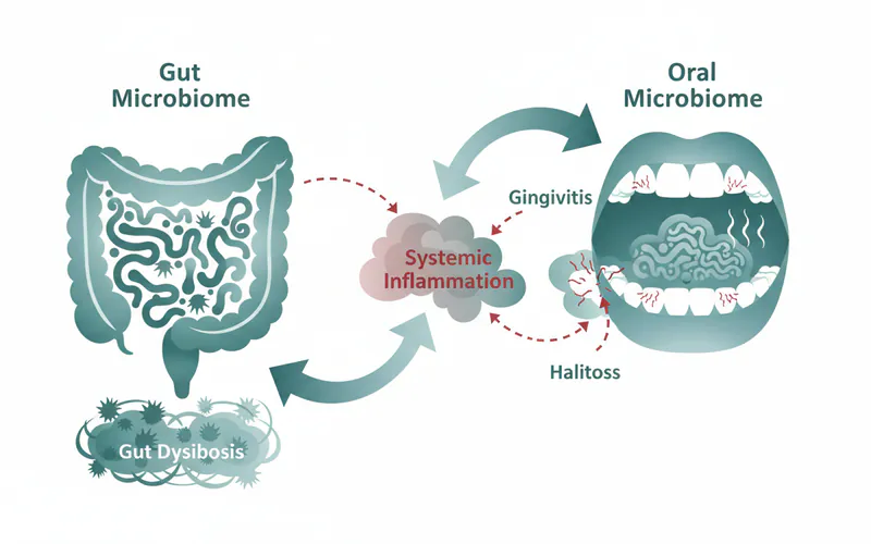 A diagram illustrating the connection between the gut microbiome and the oral microbiome, showing arrows indicating bidirectional influence and linking gut dysbiosis to systemic inflammation and oral issues like halitosis and gingivitis.