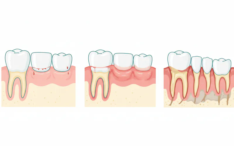 A side-by-side comparison illustration showing healthy gums vs. gums affected by gingivitis (red, swollen, bleeding) and periodontitis (receding gums, bone loss evident).