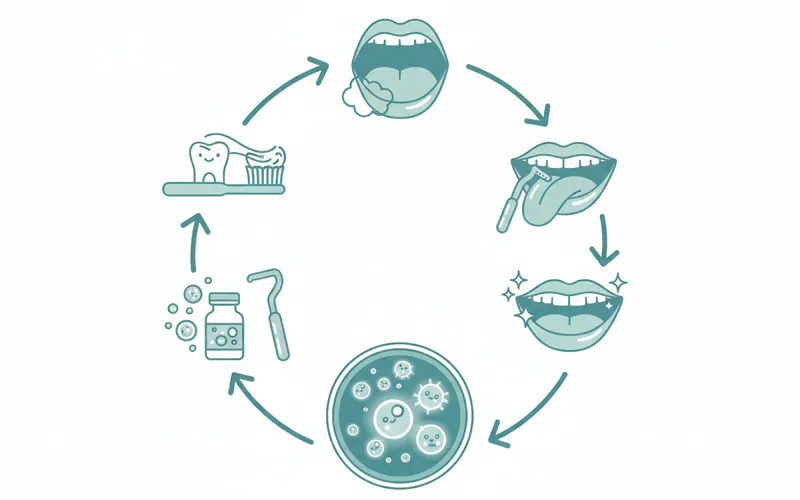 Infographic showing the path from bad breath to fresh breath with probiotics and good oral hygiene, illustrating a cycle of brushing, flossing, tongue scraping, taking probiotic, leading to fresh breath and balanced microbiome.