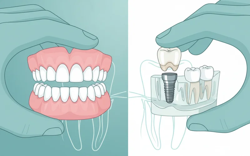 A split image showing traditional full dentures in one hand and a dental implant with an attached crown on a model jawbone in the other hand, highlighting the difference in prosthetic types.