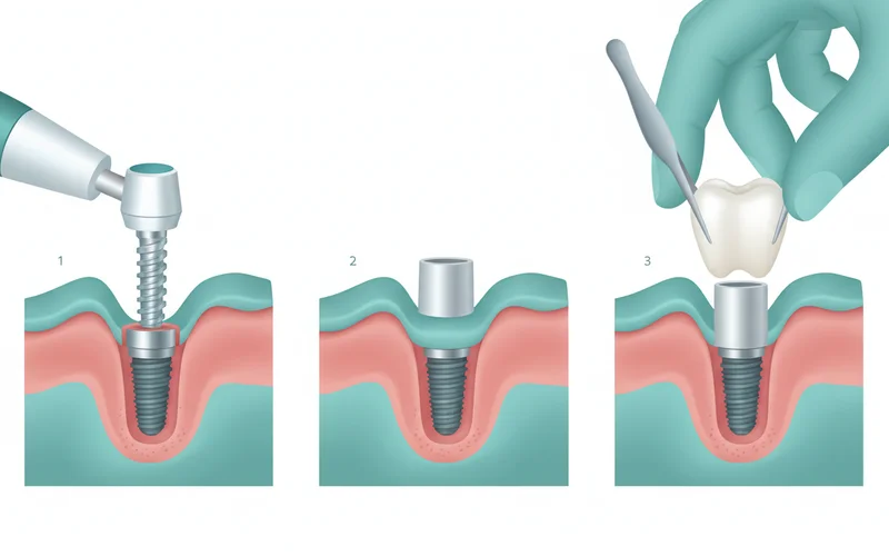 A sequence of three illustrations showing the dental implant process: 1. Implant screw being placed into the jawbone. 2. Abutment attached to the healed implant. 3. Crown being placed on top of the abutment.