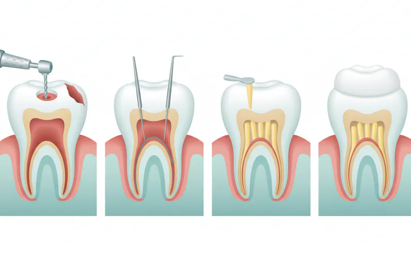 A series of illustrations showing the step-by-step process of a root canal, from drilling an access hole to cleaning, filling, and placing a crown.