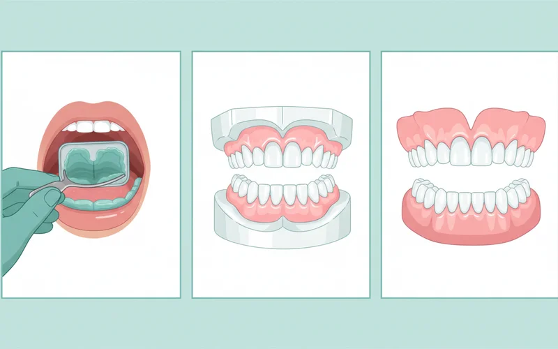 Detailed illustration showing the steps of denture fabrication, from impression taking, wax try-in with artificial teeth set in wax, to the final finished palateless denture.