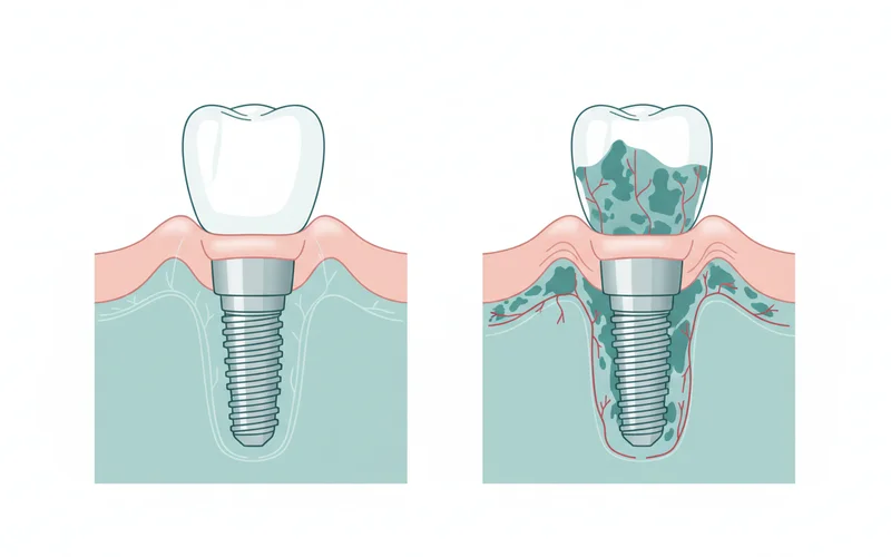 A detailed diagram showing a healthy dental implant with surrounding bone and gum tissue compared to an implant affected by periimplantitis, illustrating bone loss and inflammation.