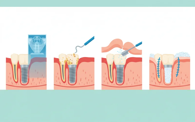 A sequence of four illustrations showing the stages of periimplantitis treatment: 1. Diagnosis with X-ray showing bone loss, 2. Non-surgical cleaning, 3. Surgical flap access and decontamination, 4. Bone grafting and suturing.