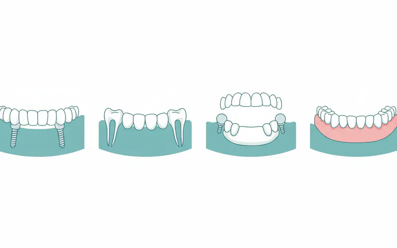 diagram showing different types of permanent dentures (implant-supported, fixed, removable overdenture on implants, and a comparison with a traditional removable denture)
