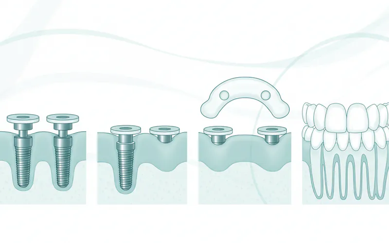 infographic illustrating the step-by-step process of implant-supported permanent denture placement, from initial implant insertion to final denture attachment
