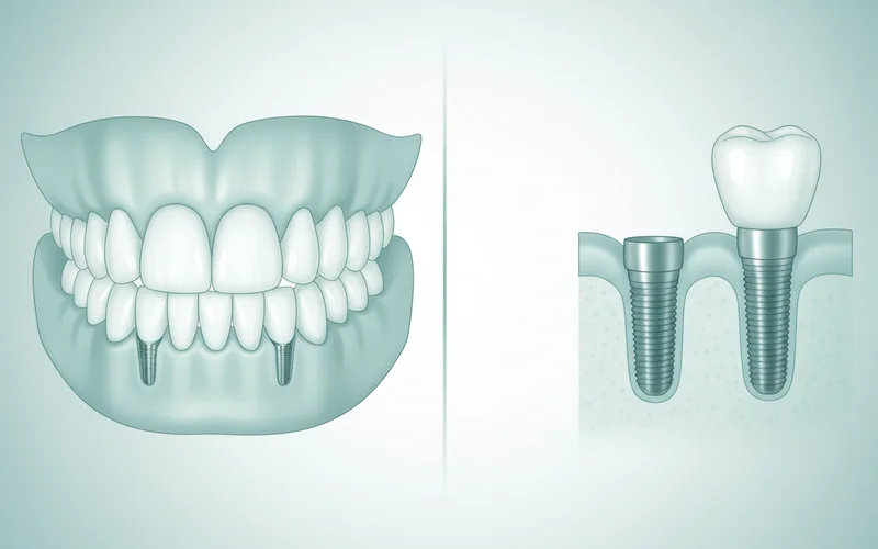 A split image showing on one side a lower arch of teeth replaced by a fixed implant-supported denture, and on the other side a single dental implant with a crown replacing a missing tooth.