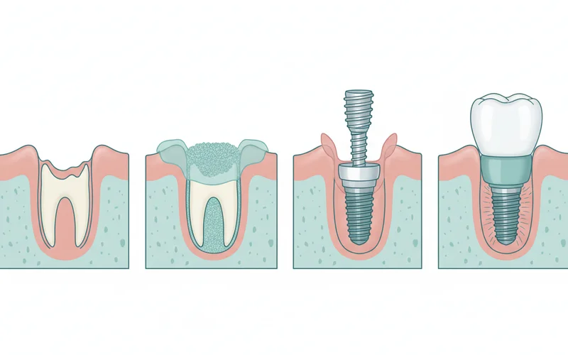A series of four detailed illustrations showing the step-by-step process of a single dental implant: 1. Missing tooth with bone loss, 2. Bone graft placed, 3. Implant surgically placed into jawbone, 4. Abutment and final crown attached to the integrated implant.