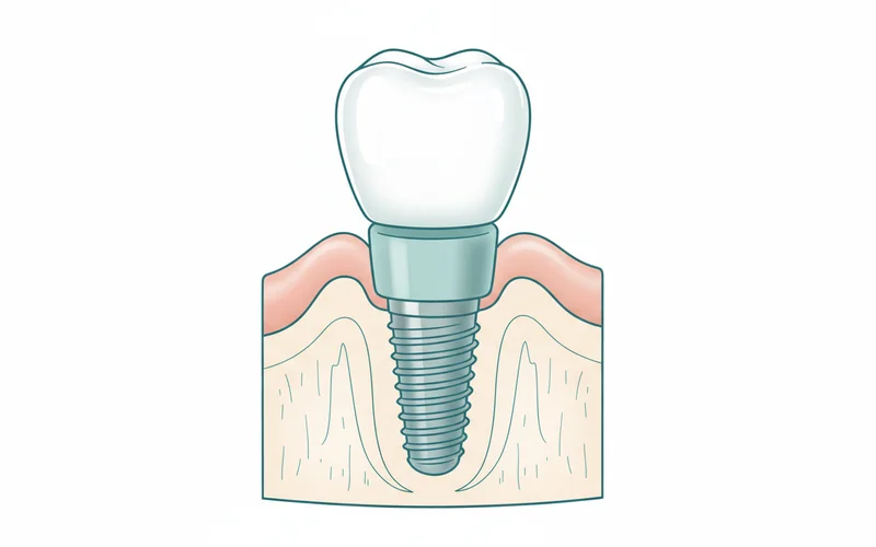 Detailed illustration of a single dental implant showing the titanium post, abutment, and crown