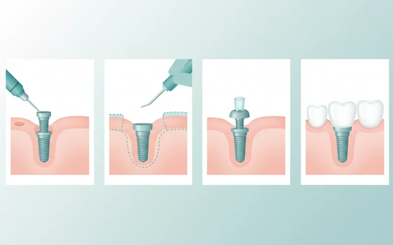 Step-by-step infographic illustrating the dental implant placement procedure from surgery to final restoration