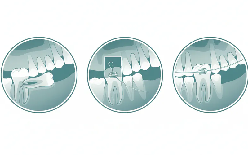 A series of three X-rays showing (1) an impacted canine, (2) the same canine after surgical exposure with an orthodontic bracket attached, and (3) the canine successfully guided into the dental arch