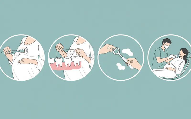 A step-by-step infographic showing a pregnant woman performing her oral hygiene routine: brushing gently, flossing, using a tongue scraper, and then a simplified image of a pregnant woman at a dentist getting a cleaning.