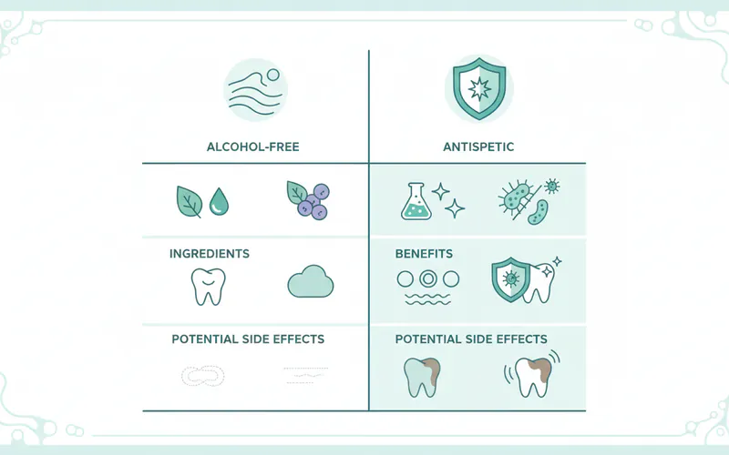 A table comparing different types of mouthwashes (alcohol-free vs. antiseptic) suitable for pregnant women, detailing their ingredients, benefits, and potential side effects.