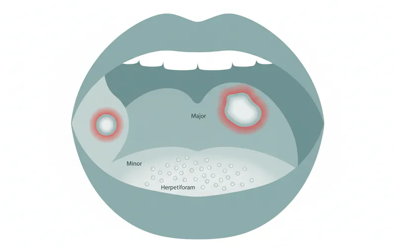 A diagram illustrating the three types of canker sores (Minor, Major, Herpetiform) with typical size, shape, and clustering patterns shown on a simplified mouth interior.