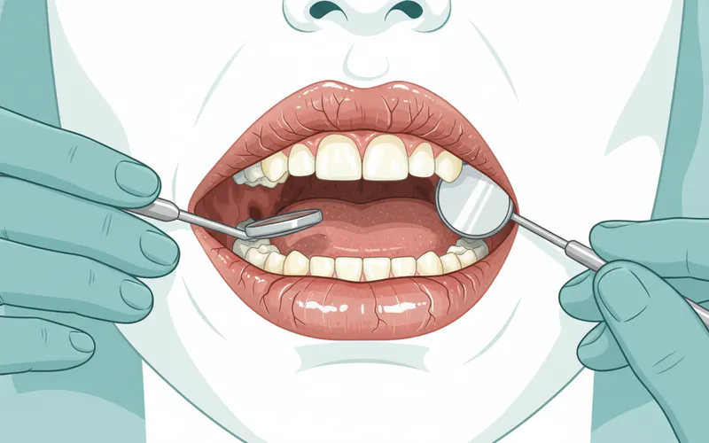 a dental professional examining a patient's mouth, highlighting signs of dry mouth like cracked lips and inflamed gums