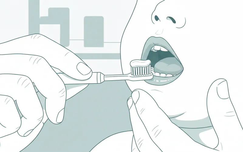 An illustration showing a parent gently brushing an infant's newly erupted lower front teeth with a tiny smear of toothpaste on an infant toothbrush.