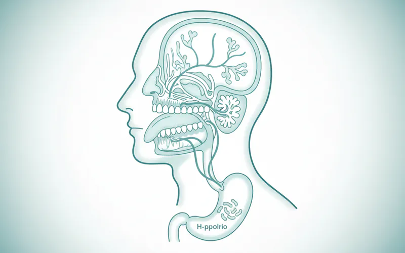 A diagram illustrating the different sources of bad breath, showing connections from the oral cavity (tongue, teeth, gums) to the nasal passages (sinuses, tonsils) and down to the stomach (esophagus, H. pylori).