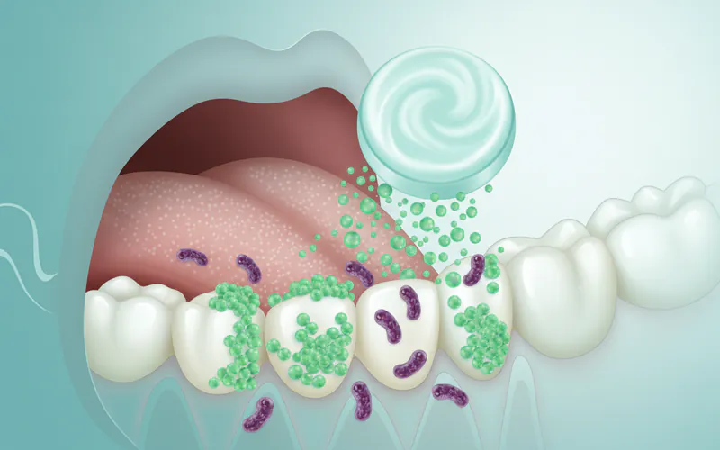 An illustration showing a probiotic lozenge dissolving in the mouth, with tiny beneficial bacteria (depicted as green spheres) colonizing the tongue and teeth, outcompeting larger, purple, odor-causing bacteria.