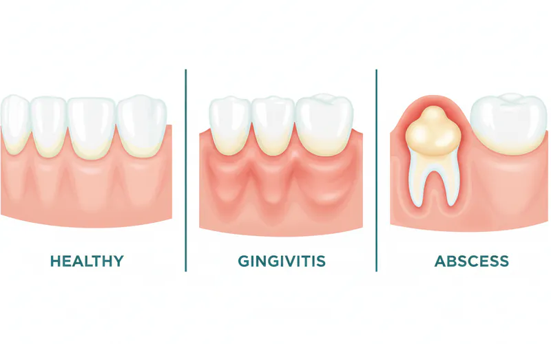 A detailed illustration showing different types of gum inflammation: healthy gums, gingivitis (red, swollen gum line), and a localized abscess (pimple-like bump on gum tissue).