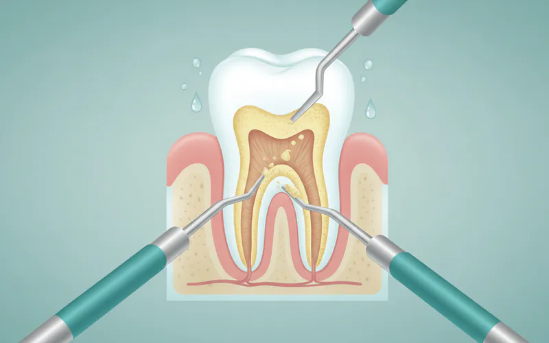 A diagram illustrating the process of scaling and root planing, showing dental instruments removing plaque and tartar from above and below the gum line.