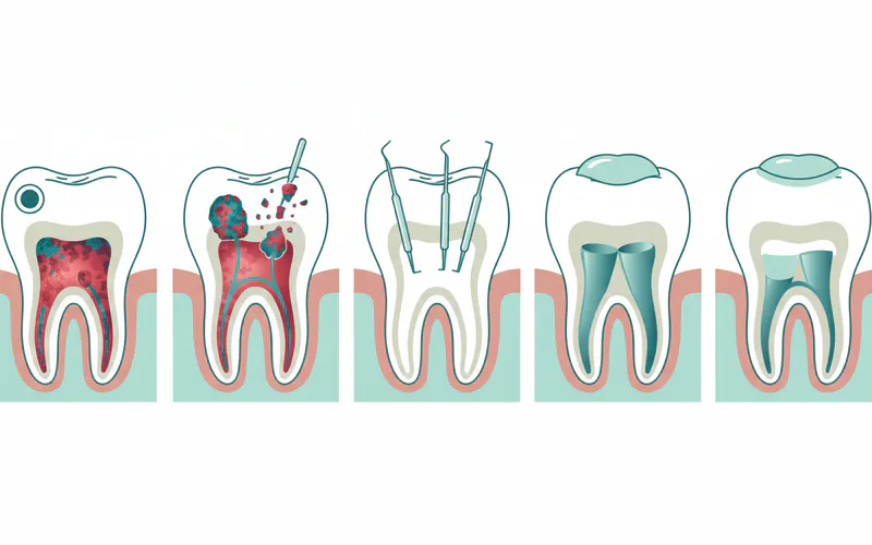 A series of illustrations showing the root canal procedure: 1. Tooth with infected pulp. 2. Access hole made and pulp removed. 3. Canals cleaned and shaped. 4. Canals filled with gutta-percha. 5. Tooth capped with a temporary filling. 6. Tooth restored with a permanent crown.