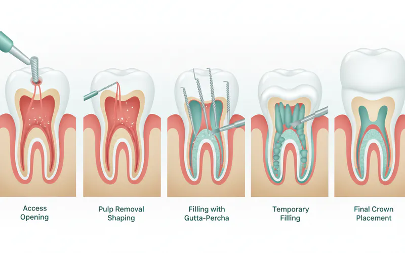 Detailed illustration of the root canal process showing each step from access opening, pulp removal, cleaning/shaping, filling with gutta-percha, to temporary filling and final crown placement.