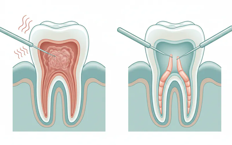 Cross-section of a tooth showing the infected pulp being removed, then the cleaned and shaped canals being filled with gutta-percha.