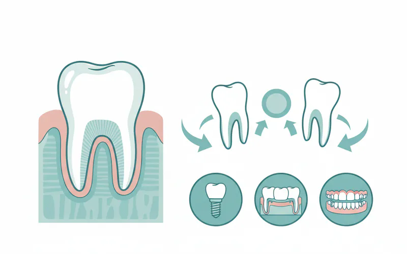 A comparative infographic illustrating the pros and cons of root canal vs extraction. On one side, a preserved tooth with a crown and healthy surrounding bone. On the other side, an empty tooth socket with arrows indicating bone loss and adjacent teeth shifting, and small images of a dental implant, bridge, and partial denture as replacement options.