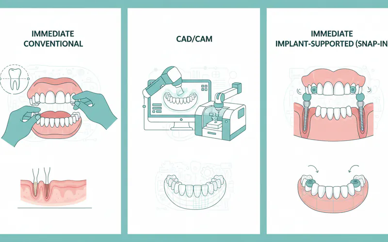 Detailed infographic illustrating the different types of same day dentures, including immediate conventional, CAD/CAM, and immediate implant-supported (snap-in) dentures, highlighting their unique features.