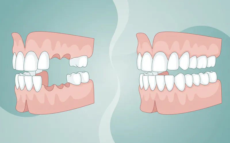 Before and after comparison showcasing a patient with missing teeth and then with perfectly fitted same day dentures.