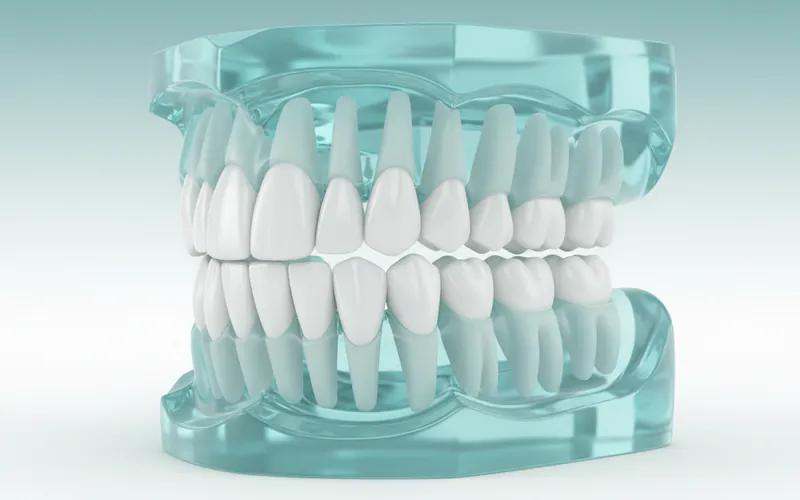 Close-up of a well-maintained set of dentures on a dental model, highlighting their natural appearance and fit.