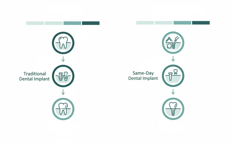 Infographic comparing the timeline of a traditional dental implant vs. a same-day dental implant, highlighting the reduced number of visits for the latter.