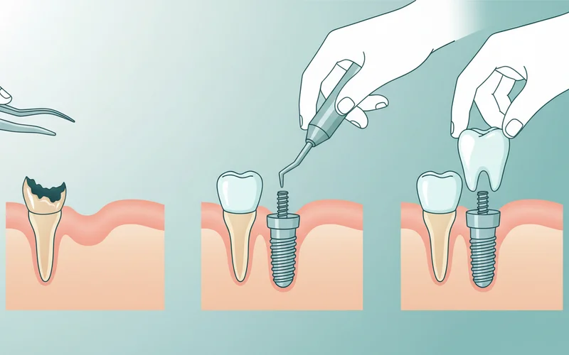 Detailed infographic showing the step-by-step process from extraction of a decayed tooth, implant post insertion, to immediate temporary crown placement on the implant.