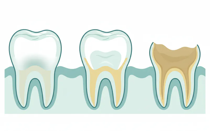 Illustration showing different stages of acid erosion: (1) early signs with slight translucency/dullness, (2) moderate erosion with visible cupping and yellowing, and (3) severe erosion with significant loss of tooth structure, exposed dentin, and altered tooth shape.