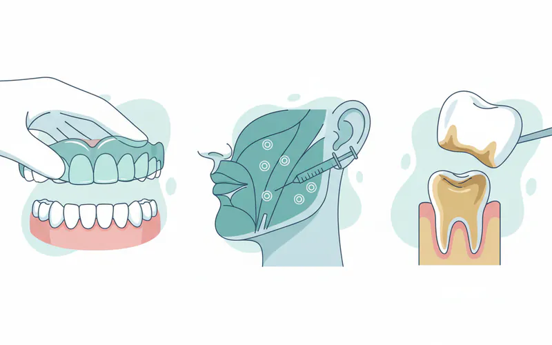 A series of illustrations showing different treatment modalities for bruxism: 1) A custom nightguard being placed on teeth, 2) a diagram showing Botox injection sites in the masseter muscle, 3) a crown being placed on a worn molar.