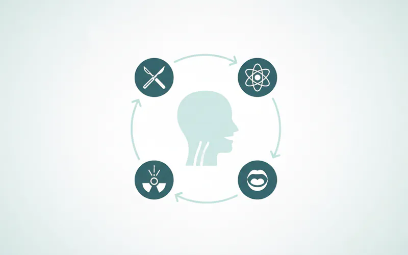 A diagram illustrating the multi-disciplinary team involved in oral cancer treatment, showing arrows pointing from the patient to various specialists like an oral surgeon, oncologist, radiation therapist, and speech pathologist.