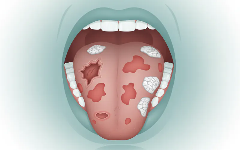 Detailed illustration showing various presentations of oral cancer lesions, including persistent sores, red patches (erythroplakia), white patches (leukoplakia), and a small ulcer on the tongue/floor of mouth.