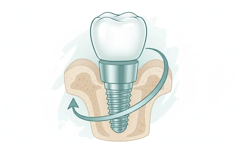 A diagram illustrating the three parts of a single tooth implant: the screw-like implant post embedded in jawbone, the abutment connecting to it, and the dental crown placed on top, with an arrow indicating osseointegration.