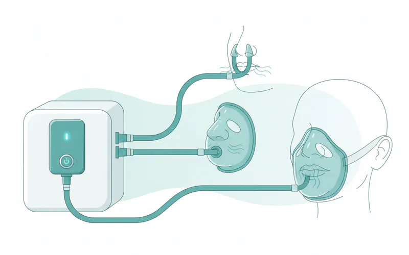 Illustration of how a CPAP machine delivers air pressure through different mask types (nasal pillows, nasal mask, full-face mask).
